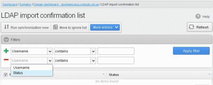 The screen shows users added to and removed from the AD server with existing users created on CASG. This list reflects the difference between CASG users and AD users, considering the LDAP ignore list.