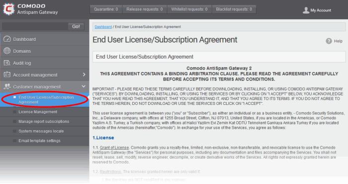 User License/Subscriber Agreement.' tab from the sub menu.