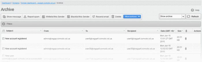 The archived email area of the selected domain will open: Sort the Entries Click any column header to sort of the items in