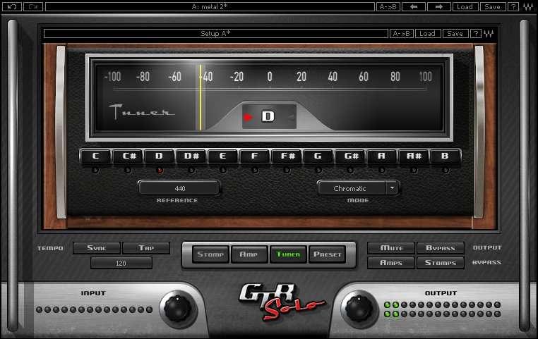 2.5 Tuner Page Clicking the Tuner page button turns on and displays the Tuner page. MAIN TUNE VIEW displays a visual representation of your intonation. Range: -100 to +100 cents.
