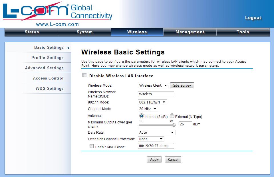 2. Click the Site Survey button beside Wireless Mode.