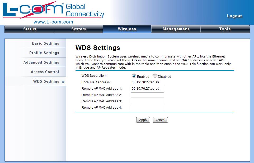 Remote AP MAC Address 1 field and click Apply. Note: Bridge uses the WDS protocol that is not defined as the standard thus compatibility issues between equipment from different vendors may arise.