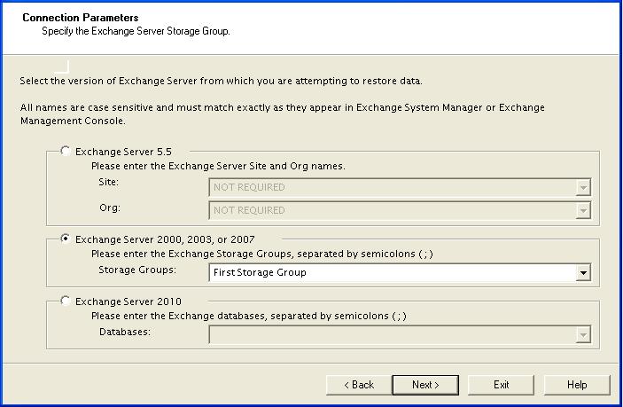 Chapter 6: Using the Emulation Method with Symantec Backup Exec Figure 6-23: Selecting Exchange Server 2000, 2003, or 2007 Connection Parameters 8.