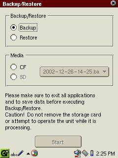 00.Cover.book Page 101 Monday, January 21, 2002 5:47 PM Settings 101 The Backup/Restore screen appears. 3. In the Backup/Restore options, tap the Backup radio button. 4.