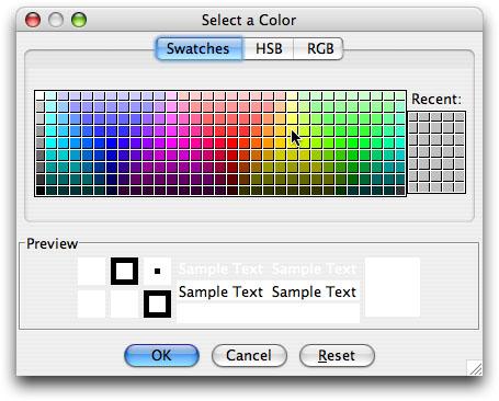 Figure 6.9: Dialog box displayed by the JColorChooser.showDialog(...) method JColorChooser.showDialog( this, "Select a Color", Color.WHITE ) JColorChooser.showDialog is an accessor method.