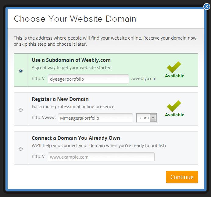 8. Choose your website domain name. Be sure to select Use a Domain of Weebly.com because it is free.