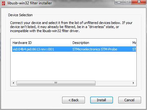 . Figure 3. LibUSB-win32, filter installer (1) Select Install a device filter to set up the library.