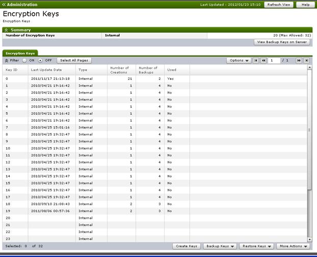 Top window when selecting Encryption Keys Use the top window to create data encryption keys. Clicking Encryption Keys in the Administration tree opens this window.