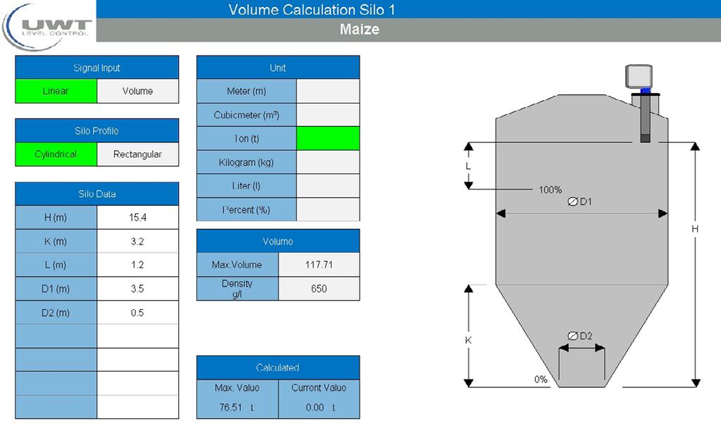 Nivotec 1 Page "Volume Calculation" Settings for volume related measurement display and setting of the silo dimensions User Level or higher The page opens with click on "Volume Calculation" in the