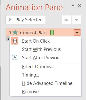 5) Click the drop-down arrow next to the custom animation effect in the Animation Pane list, and then click Effect Options 6) Do one of the following: To specify settings for text, on the Effect,