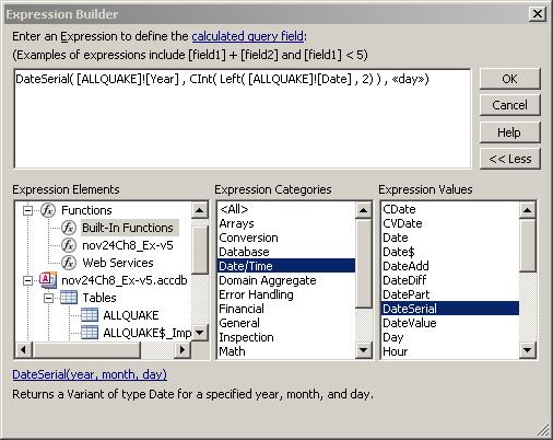 CSE1520.03 Select the <<year>> argument and paste the Year field from the ALLQUAKE table, by double-clicking on it.