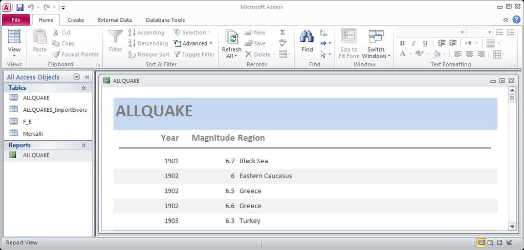 The report that you get (the first few records are shown in Figure 8.8) lists all of the records in the ALLQUAKE table and for each one the appropriate region name from the F_E table is joined to it.