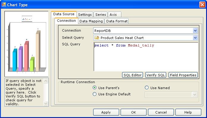 Unbound Chart You need to specify data source for the data to be represented as a chart. To do this, right-click on the chart and invoke the properties dialog box.
