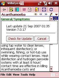 Pocket PC Wireless Update Dialog Using the Wills Eye Manual You can get to any topic using the table of contents and opening the appropriate topic by taping on it or by using the main index, entering