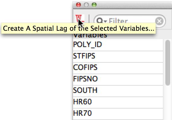 58 CHAPTER 3. SPATIAL WEIGHTS: CONTIGUITY Figure 3.19: Creating a spatial lag from the variable list of Figure 3.7.