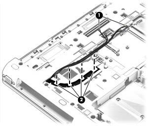 5. Release the wireless antenna cables (1) from the routing clips (2) and channels built into the base