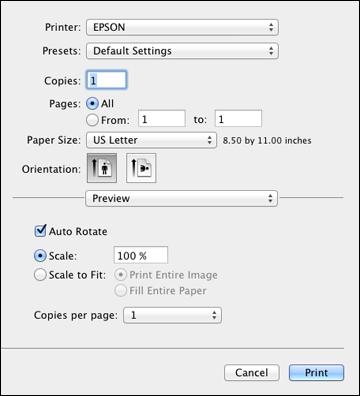 You see the expanded printer settings window for your product: Note: The print window may look different, depending on the Mac OS version and the application you are