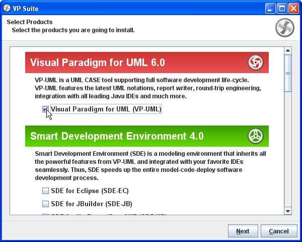 Chapter 2 Installing VP-UML with No-Install 3. Select Visual Paradigm for UML. Click Next to proceed to the product configuration page. Figure 6 - Selecting VP-UML for installation 4.
