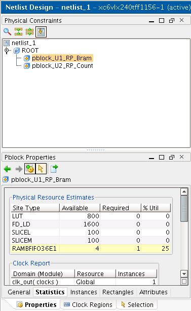 Step 6: Floorplanning Reconfigurable Partitions Figure 15: Pblock Statistics -- pblock_u1_rp_bram 10. Select File > Save Design. 11. In the Flow Navigator, click Project Manager.
