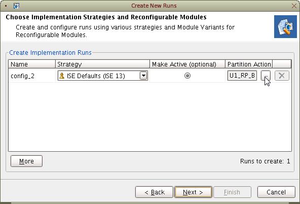 Step 10: Creating and Implementing Additional Configurations Figure 24: Create Implementation Runs The default Module Variant is based on the reconfigurable modules currently active in the project