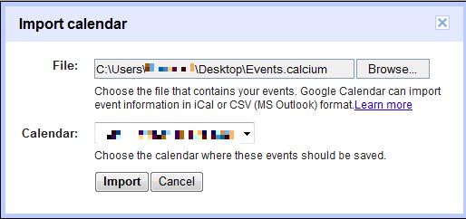 7. Click on the Import button to import the calendar