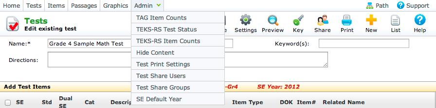 DMAC Solutions: Creating Tests in TAG Page 9 of 12 Setting up a Group in Advance - 1. Click on Admin. Select Test Share Group from the drop-down menu. 2.