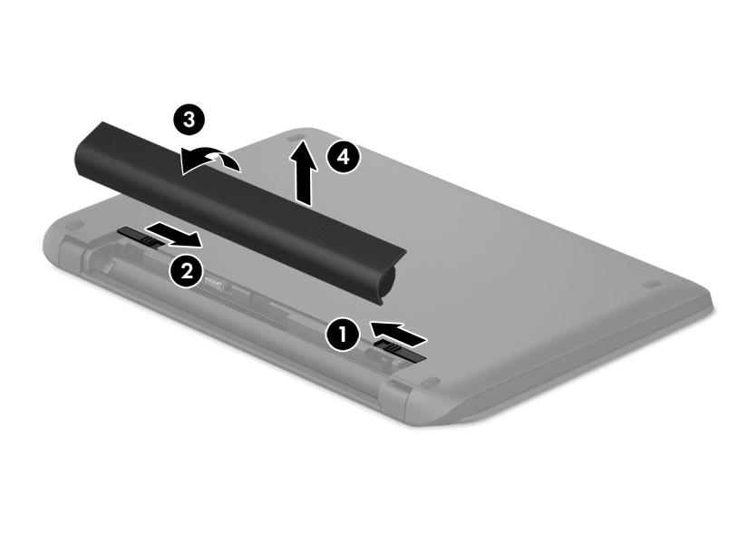3. Rotate the battery upward (3), and then remove the battery from the computer (4).