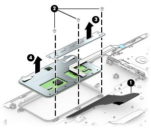 5. Lift the bottom of TouchPad and rear bracket up, and then pull it away from computer (3).