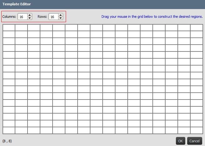 The editor dialog shows a table grid, which will be used to defined regions within this customized template.