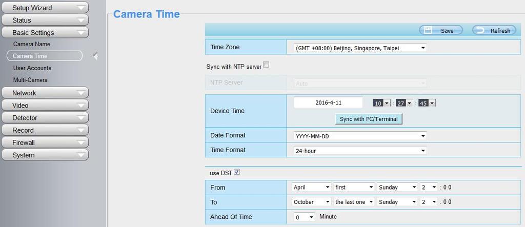 Time Zone: Select the time zone for your region from the drop-down menu. Sync with NTP server: Network Time Protocol will synchronize your camera with an Internet time server.