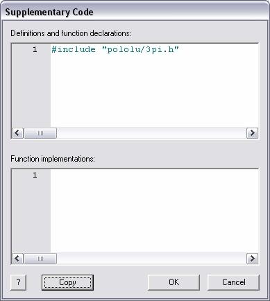 In opened window enter following text to Definitions and function declarations text box: #include "pololu/3pi.h" Click OK. You will be returned to Project Options window. Click OK again. 3.