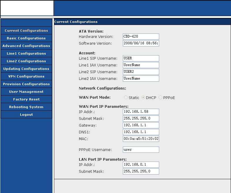 ATA Version shows the hardware and the software version of this ATA device. Account shows the account username which is in using. Network Configurations show the network mode, IP parameters and NAT.