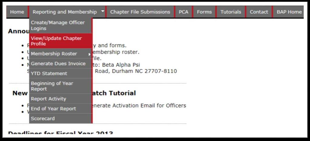 Update Chapter Profile Screen Menu Bar Item: Reporting and Membership > View/Update Chapter Profile Once logged in,