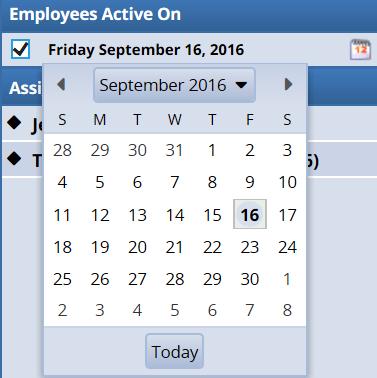 A pop-up calendar appears. b. Select a different date. The window updates with time sheet information for the period containing the date you selected. c. If you would like to return to the current date, unselect the checkbox in the Employees Active On field.