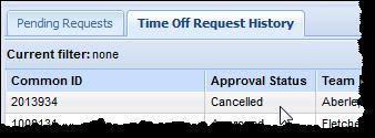 5. The approval status of the request in the tab is changed from Approved to Cancelled.