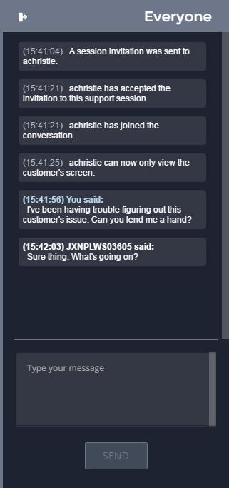 Once the rep has accepted the invitation and entered the session, you can chat with them by clicking on the Chat icon at the top of the screen.