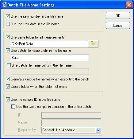 11. Click OK 12. Repeat steps 5 through 11 for each sample and scan that you want to run. This next section tells you how to designate the filenames for your data using the automatic batch naming.