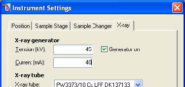 V.2.B k. Select the tab X-ray in the open dialog window l. Enter 40 kv for Tension and 10 ma for current m. Click OK 5.