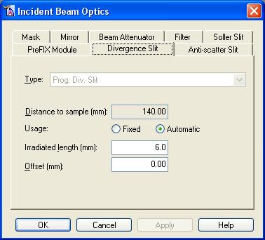In the Instrument Window, double-click on the item Incident Beam Path to open the Incident Beam Optics window ii. In the PreFIX Module tab, set Type to Prog. Div. Slit & Anti-scatter Slit iii.