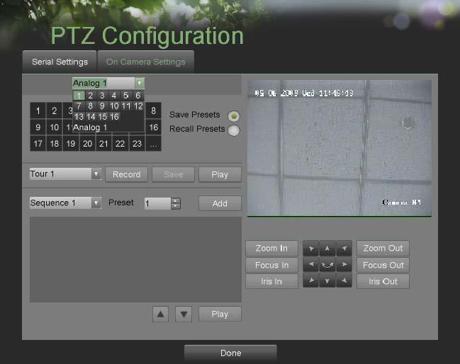 Figure 40. PTZ Configuration Menu > On Camera Settings Menu 3. Select the camera to test in the camera drop down menu. 4. Using the Directional buttons and other PTZ control buttons (Zoom In/Out, Focus In/Out, Iris In/Out), test the functionality of the PTZ camera.
