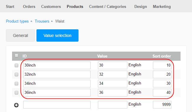 Step 9 If there are attributes with value selection for the selected product type, you now have to enter the possible values for this otherwise the attribute setup is finalised. 1.