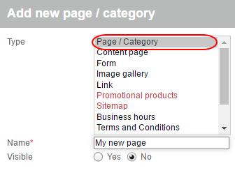 Step 4 Select Page / Category and enter a name for the new page/category.