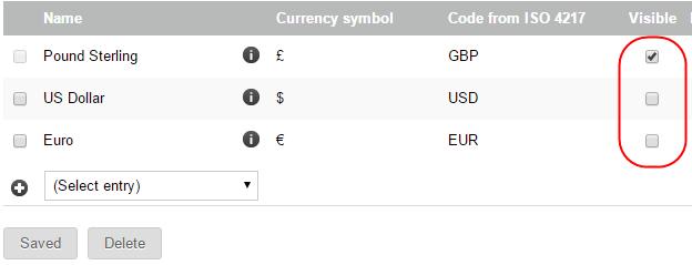 Step 5 Next, in the Visible column in the table, select the new currency. Step 6 Save the changes.