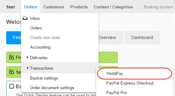 Managing WorldPay orders In the Administration area in the main menu, select Orders, then Transactions and finally WorldPay. Step 2 The table displays all WorldPay transactions.