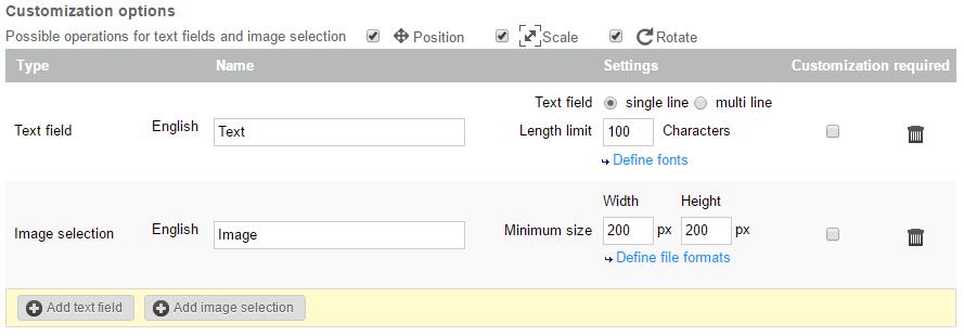 2 Select Add text field or Add image selection. Then give the field a name and define your settings for this field.
