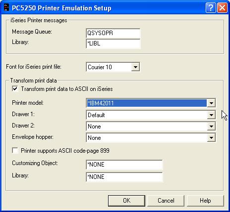 Printer Emulation To select the type of printer you will want, click on the box next to the Transform Print. Data to ASCII on AS400.