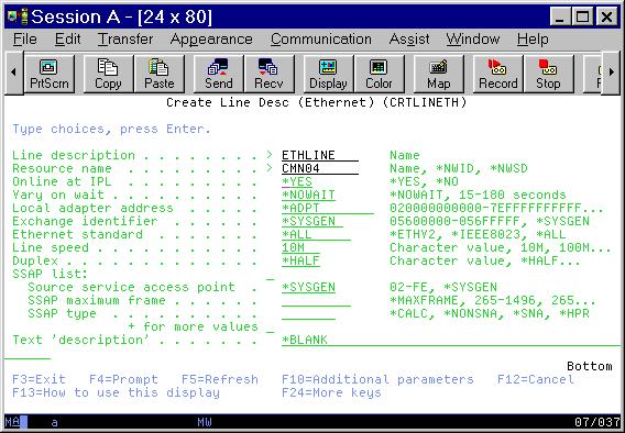 CRTLINETH On the AS400 command line, type: CRTLINETH Press the Enter key. Create a name for the Line Description and assign it to the hardware resource you just identified. Press the Enter key. In this example we called the line ETHLINE.
