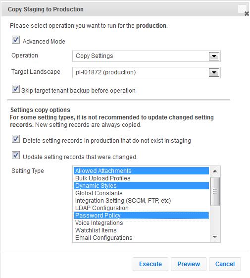2. In the Operation field in the Copy dialog box, choose Copy Settings to configure the Operations Console to copy configuration data. See "Copy Dialog Box (Migrate Settings)" below.