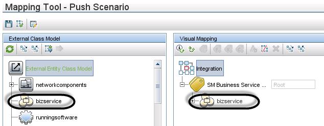 Note: In this example, bizservice is the CI Type display name defined in Service Manager and also the external class model name displayed in the UCMDB Visual Mapping