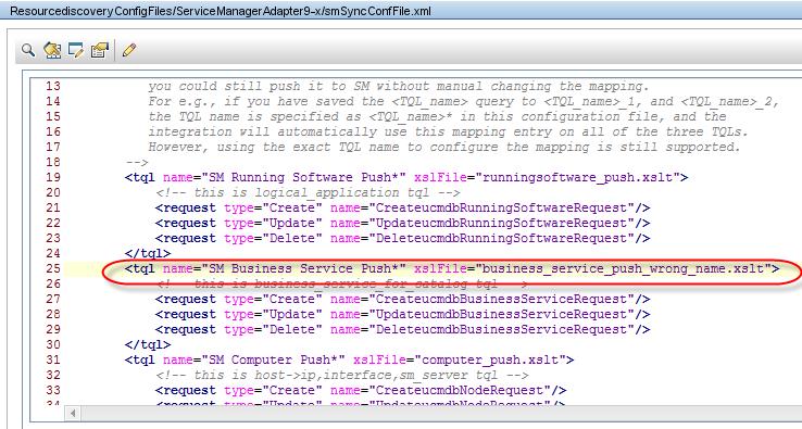 Chapter 6: Troubleshooting Solution Search for text No mapping is found for TQL to find the query name that is not yet configured, and then configure the query name in the smsyncconffile.xml file.
